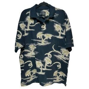Cotton Traders Sport Polo Tropical Palm Tress Short Sleeve‎ Size Large Navy Blue